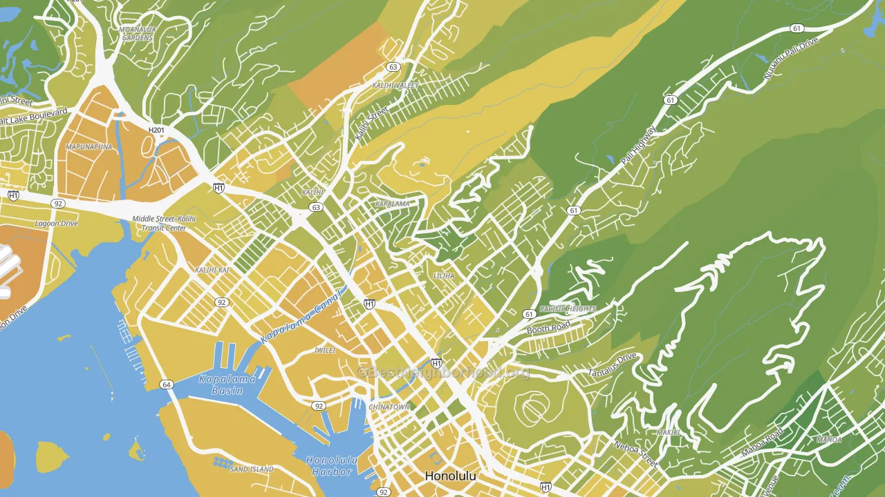 Map of the best neighborhoods in the Liliha-Kapalama, Honolulu area, with better matches in green and worse matches in red