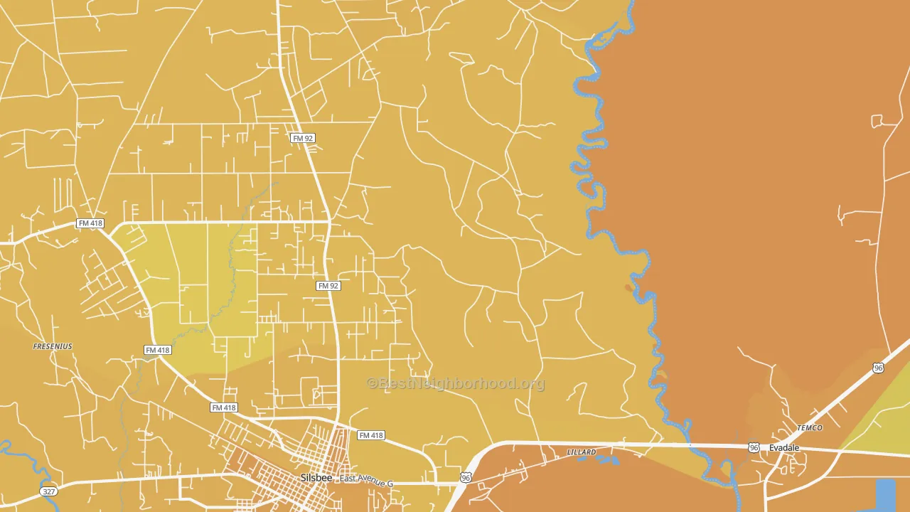 Map of the best neighborhoods in the Lillard area, with better matches in green and worse matches in red