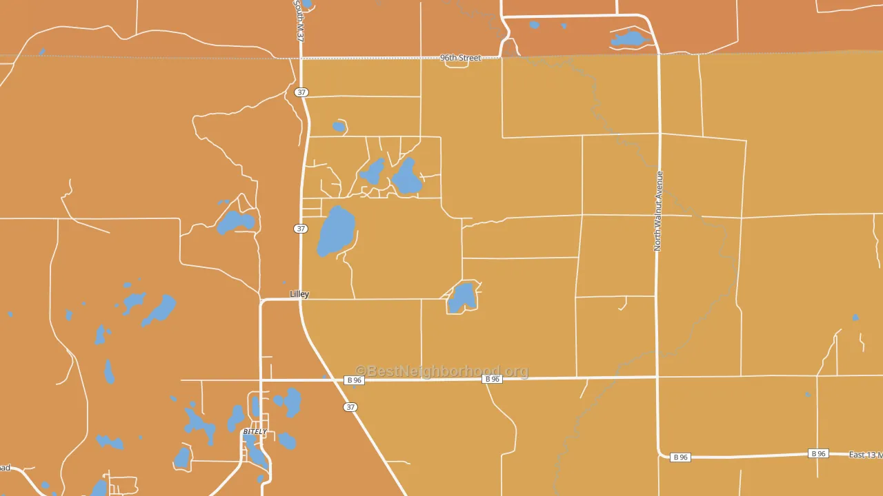 Map of the best neighborhoods in the Lilley area, with better matches in green and worse matches in red