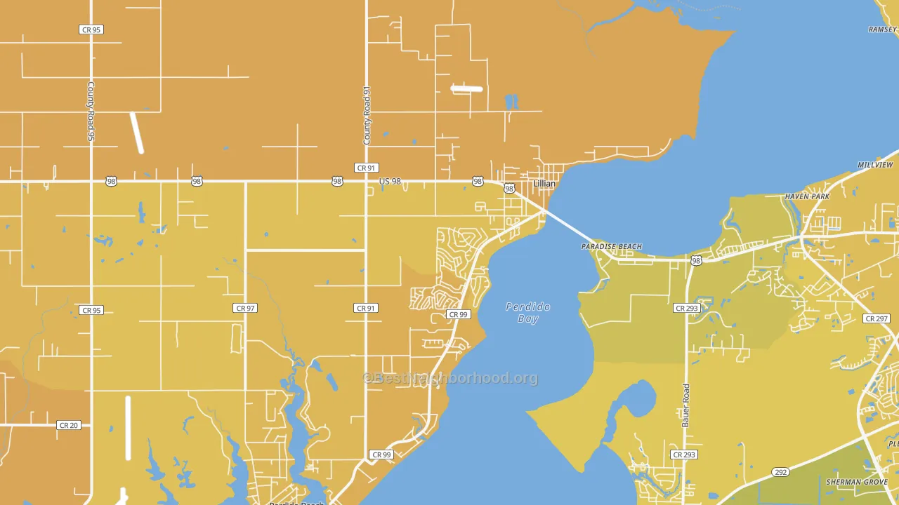 Map of the best neighborhoods in the Lillian area, with better matches in green and worse matches in red