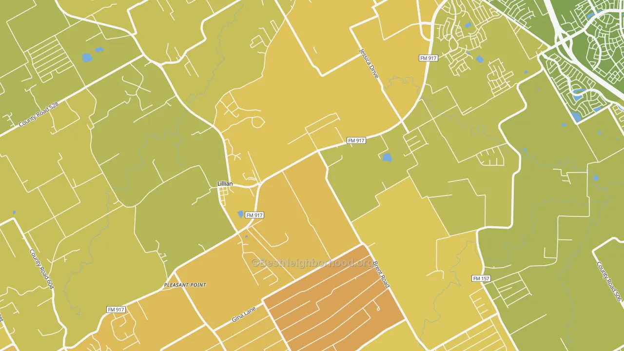 Map of the best neighborhoods in the Lillian area, with better matches in green and worse matches in red