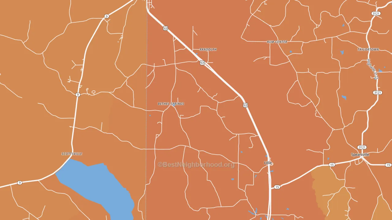 Map of the best neighborhoods in the Lillie area, with better matches in green and worse matches in red