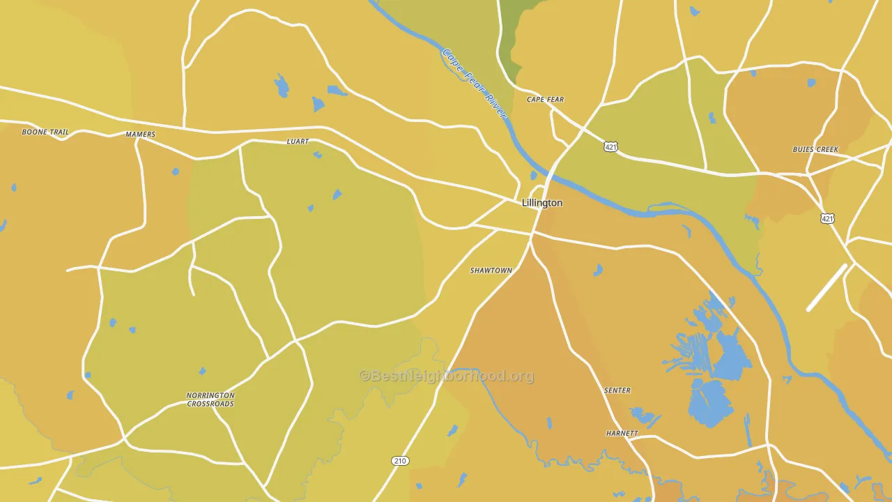 Map of the best neighborhoods in the Lillington area, with better matches in green and worse matches in red