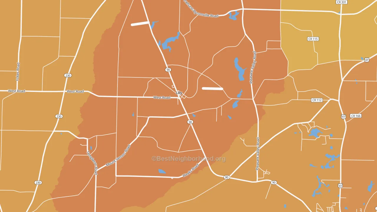 Map of the best neighborhoods in the Lilly area, with better matches in green and worse matches in red