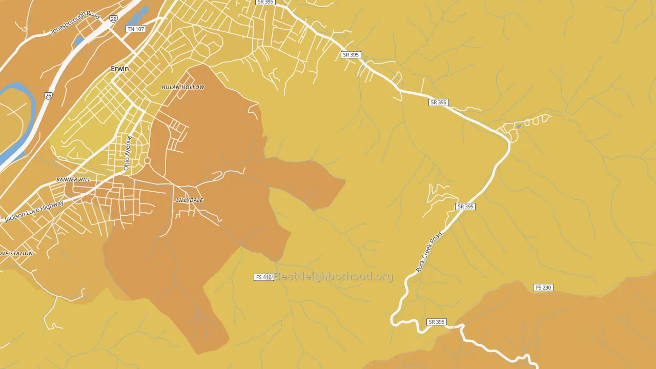 Map of the best neighborhoods in the Lillydale area, with better matches in green and worse matches in red