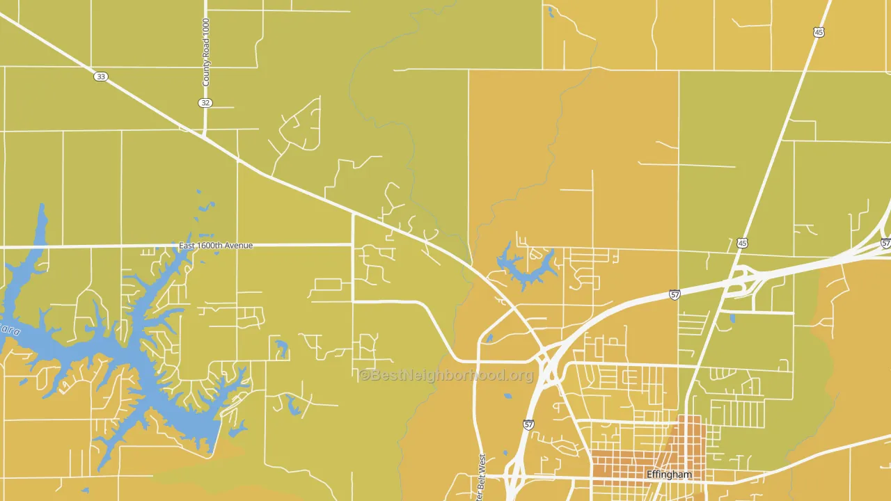 Map of the best neighborhoods in the Lillyville area, with better matches in green and worse matches in red