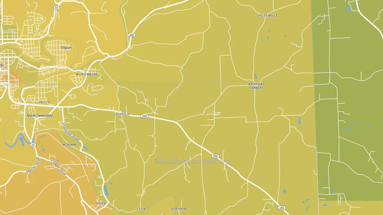Map of the best neighborhoods in the Lillyville area, with better matches in green and worse matches in red