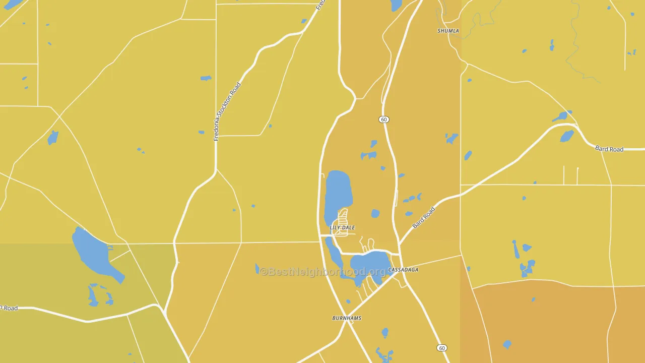 Map of the best neighborhoods in the Lily Dale area, with better matches in green and worse matches in red