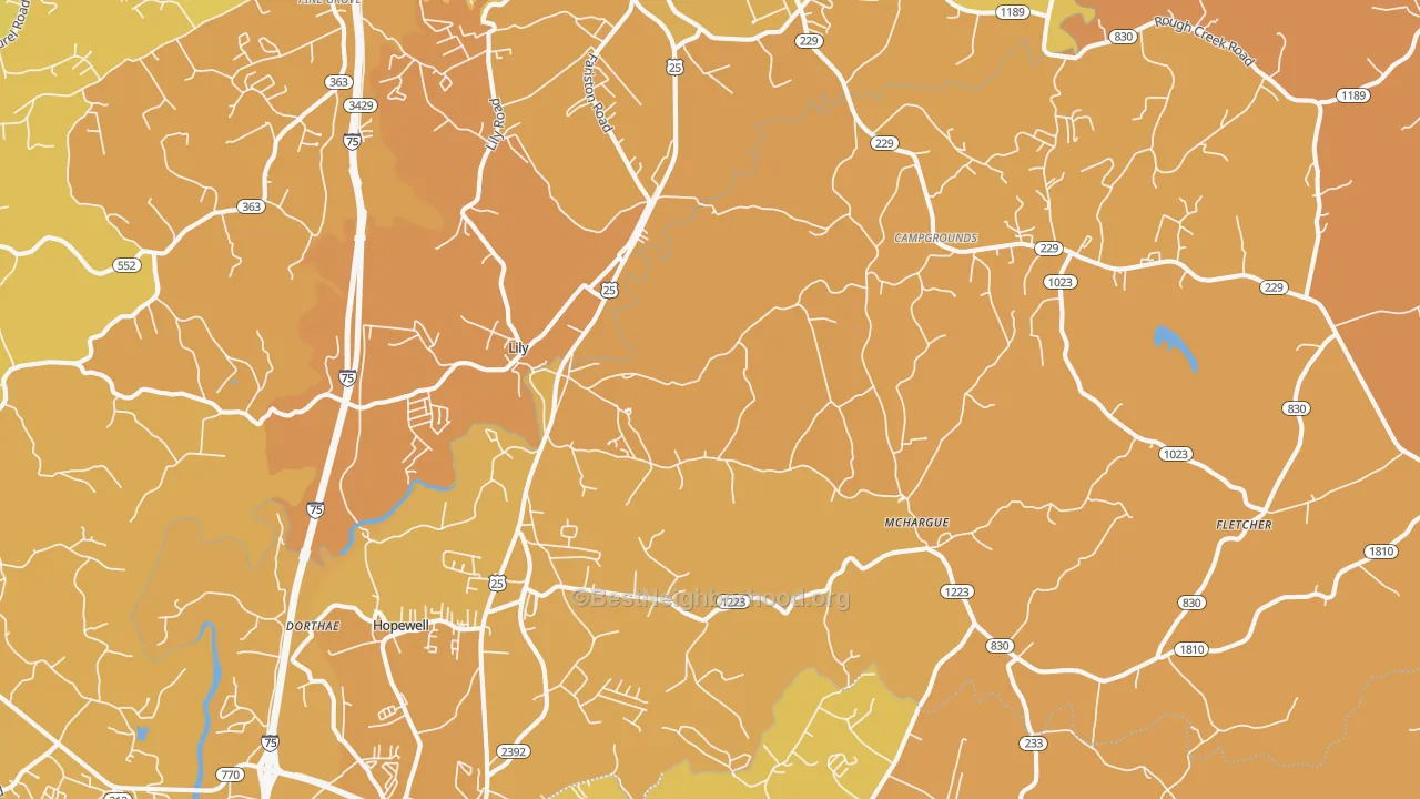 Map of the best neighborhoods in the Lily area, with better matches in green and worse matches in red