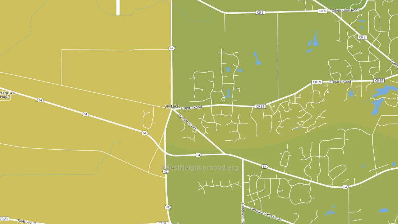 Map of the best neighborhoods in the Lily Lake area, with better matches in green and worse matches in red