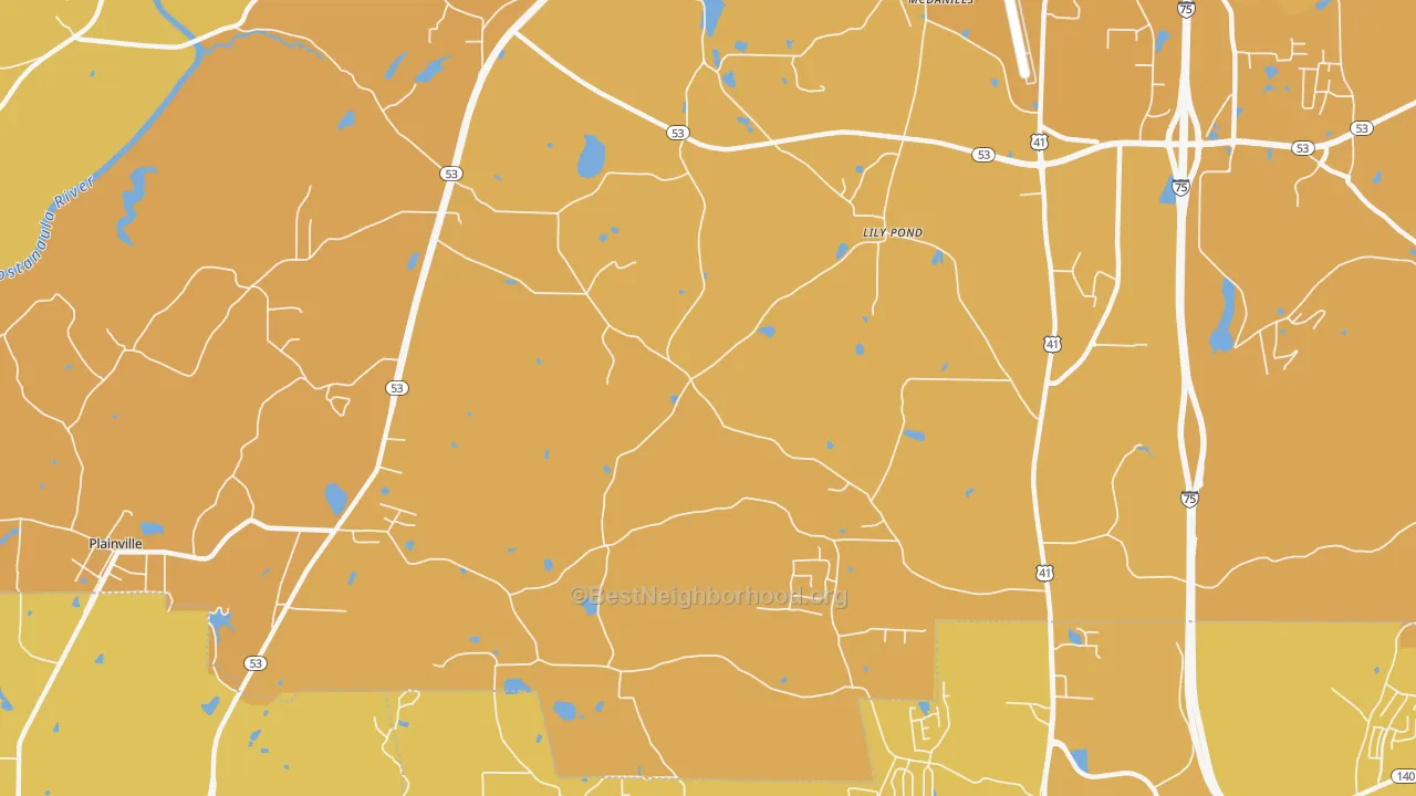 Map of the best neighborhoods in the Lily Pond area, with better matches in green and worse matches in red
