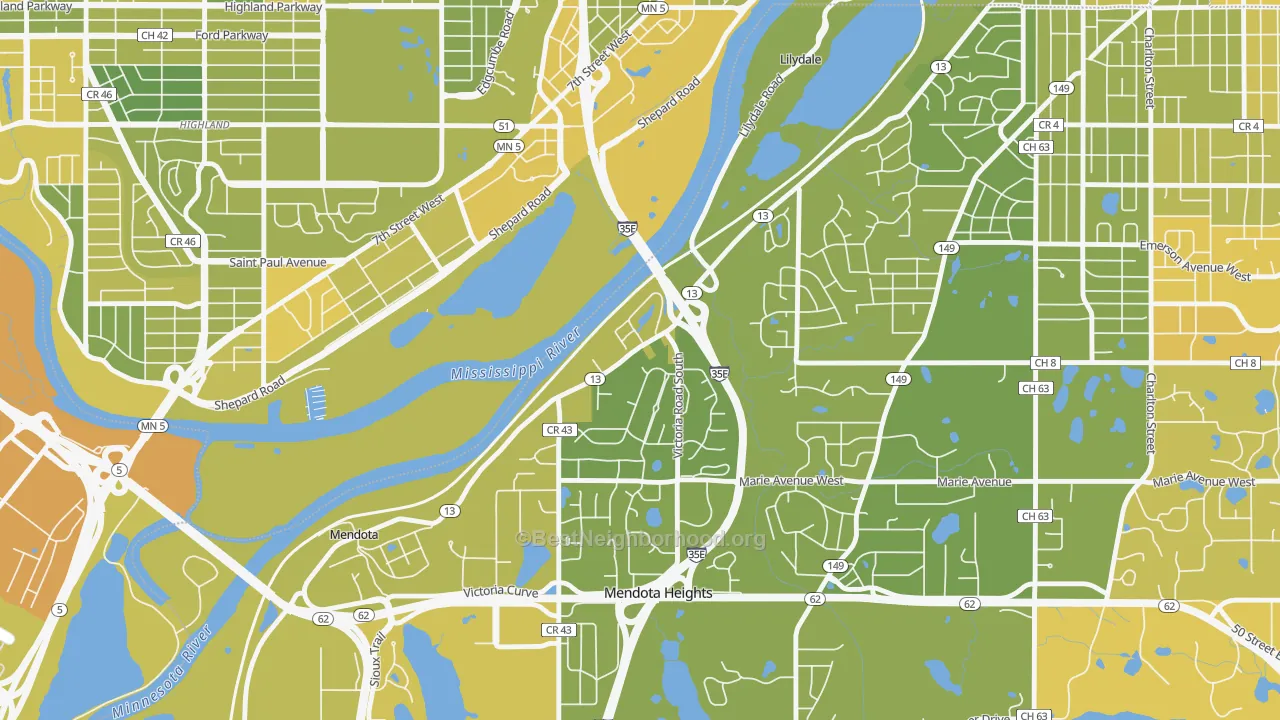 Map of the best neighborhoods in the Lilydale area, with better matches in green and worse matches in red