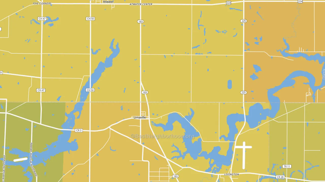 Map of the best neighborhoods in the Limaville area, with better matches in green and worse matches in red