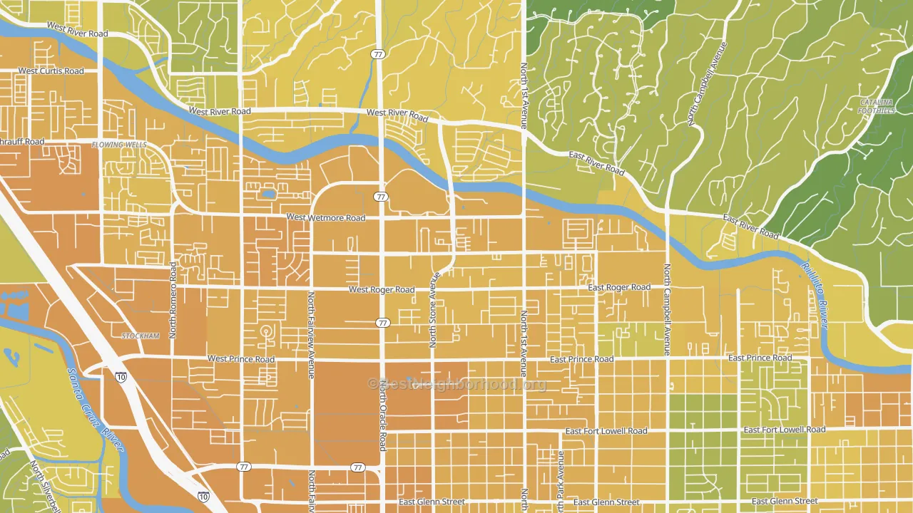 Map of the best neighborhoods in the Limberlost, Tucson area, with better matches in green and worse matches in red