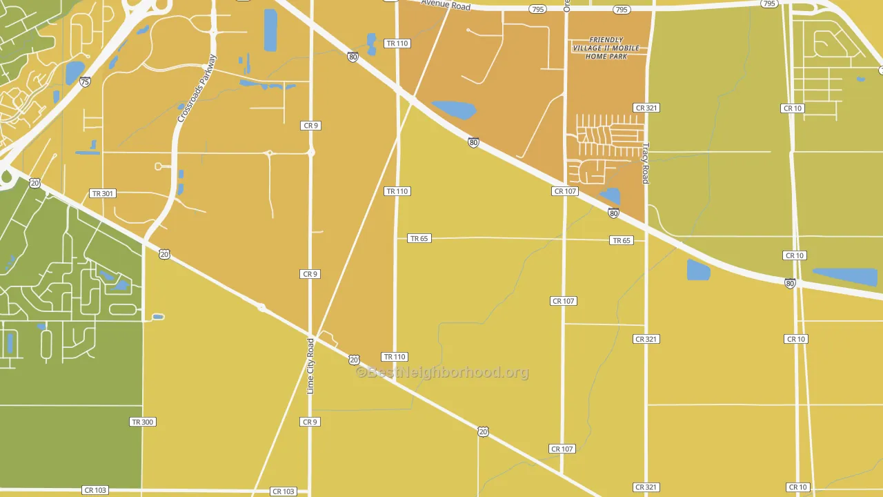 Map of the best neighborhoods in the Lime City area, with better matches in green and worse matches in red
