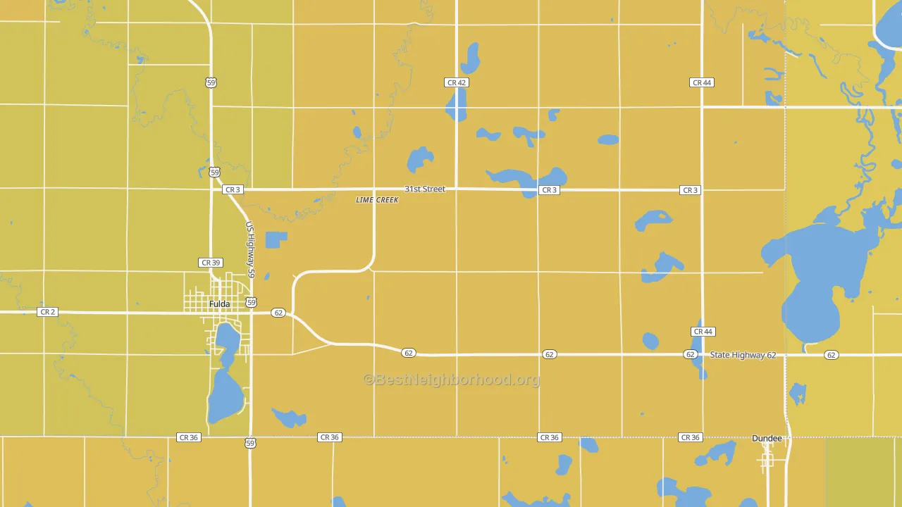 Map of the best neighborhoods in the Lime Creek area, with better matches in green and worse matches in red