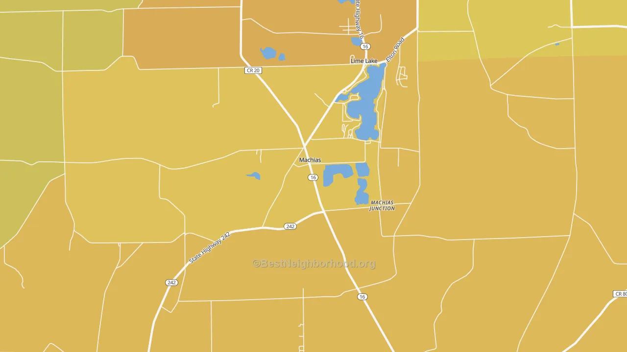 Map of the best neighborhoods in the Lime Lake area, with better matches in green and worse matches in red