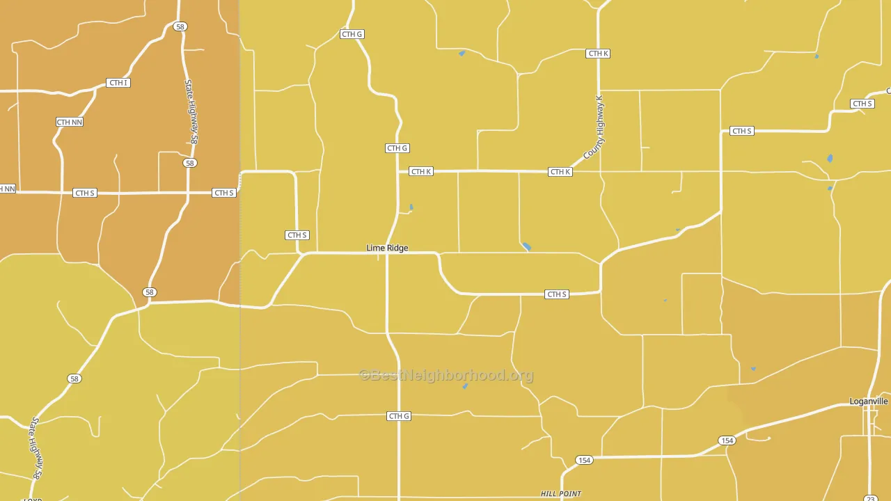 Map of the best neighborhoods in the Lime Ridge area, with better matches in green and worse matches in red
