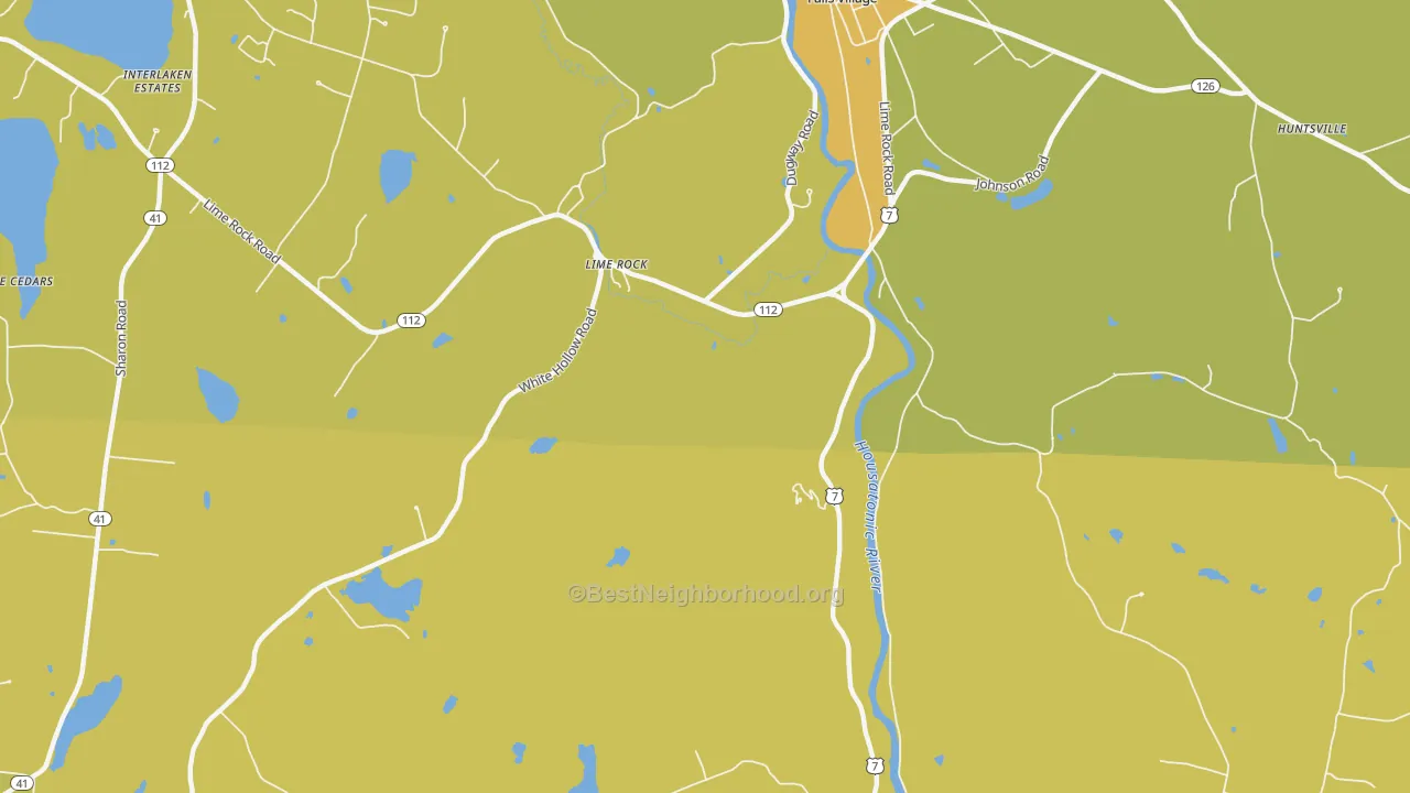 Map of the best neighborhoods in the Lime Rock area, with better matches in green and worse matches in red
