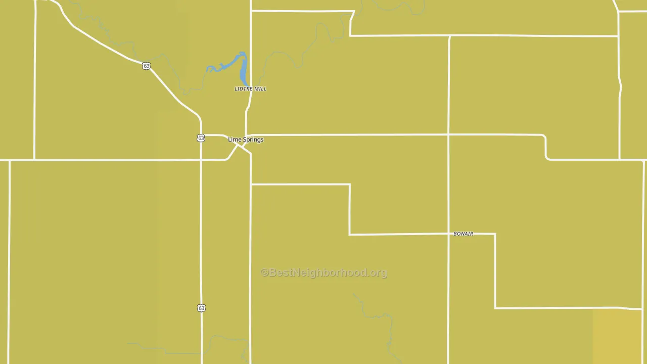 Map of the best neighborhoods in the Lime Springs area, with better matches in green and worse matches in red