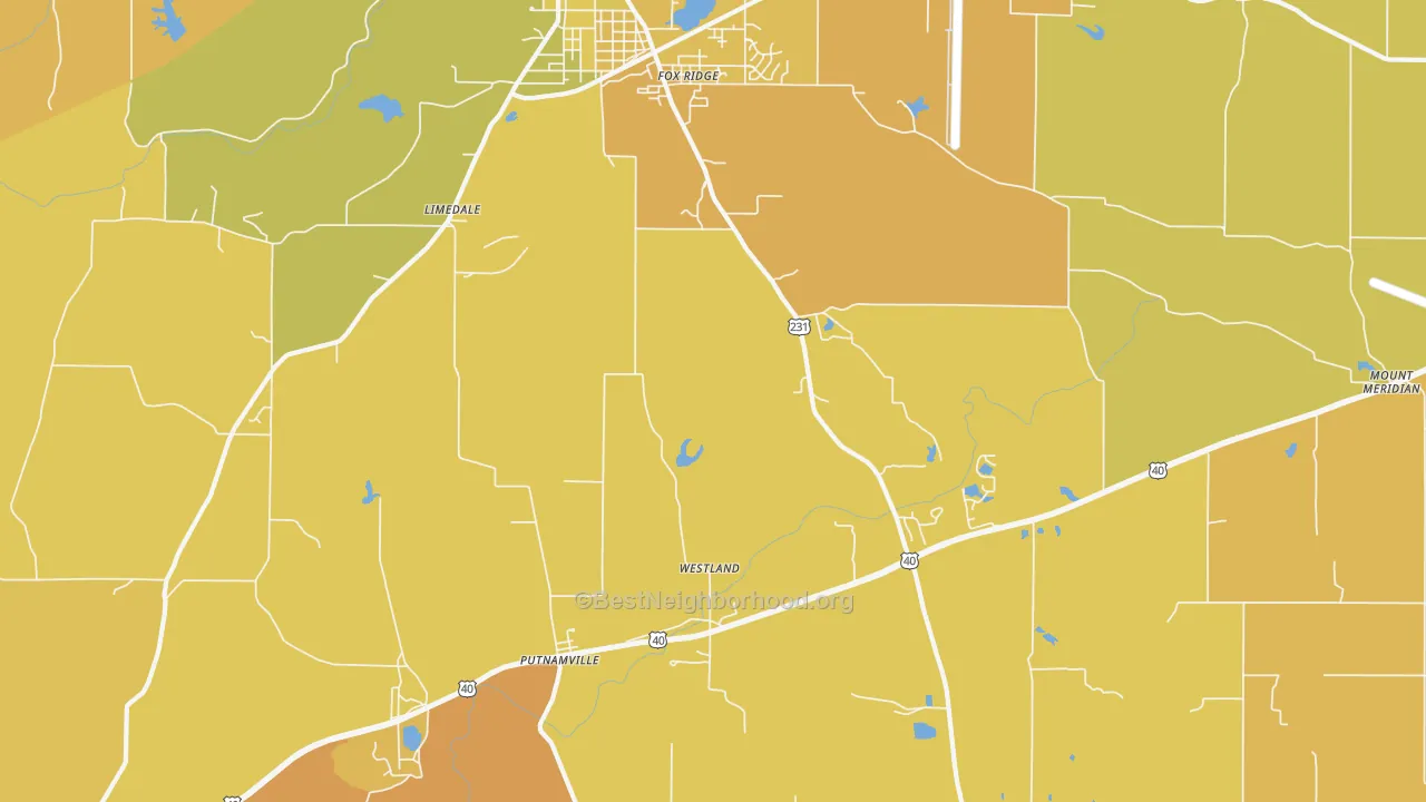 Map of the best neighborhoods in the Limedale area, with better matches in green and worse matches in red