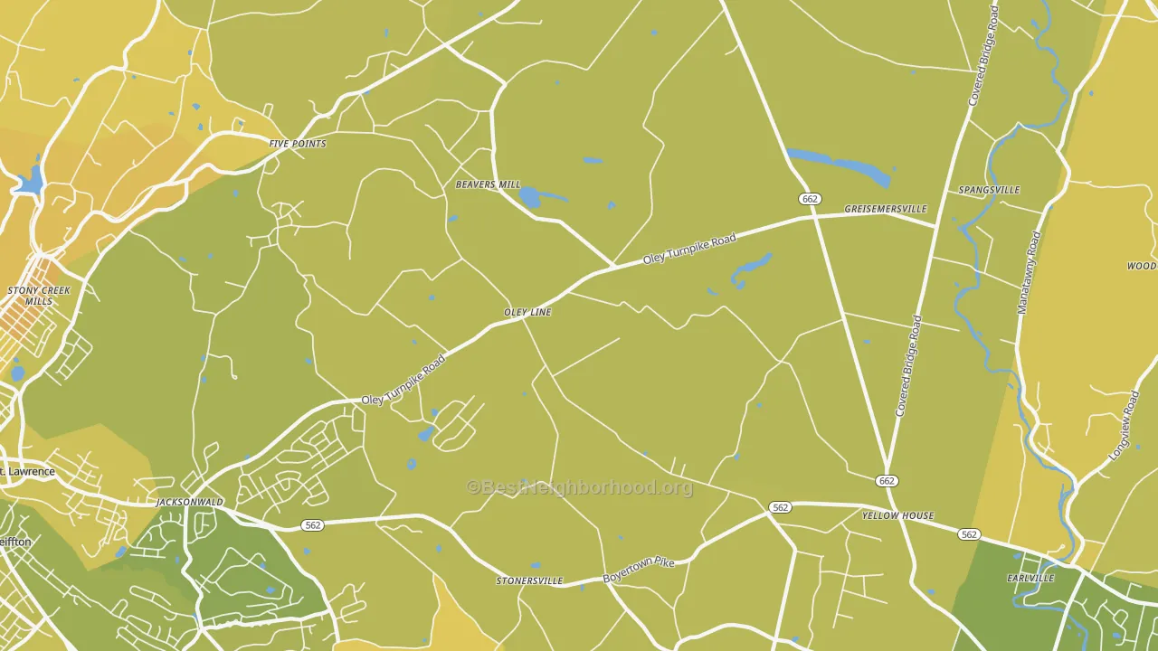 Map of the best neighborhoods in the Limekiln area, with better matches in green and worse matches in red