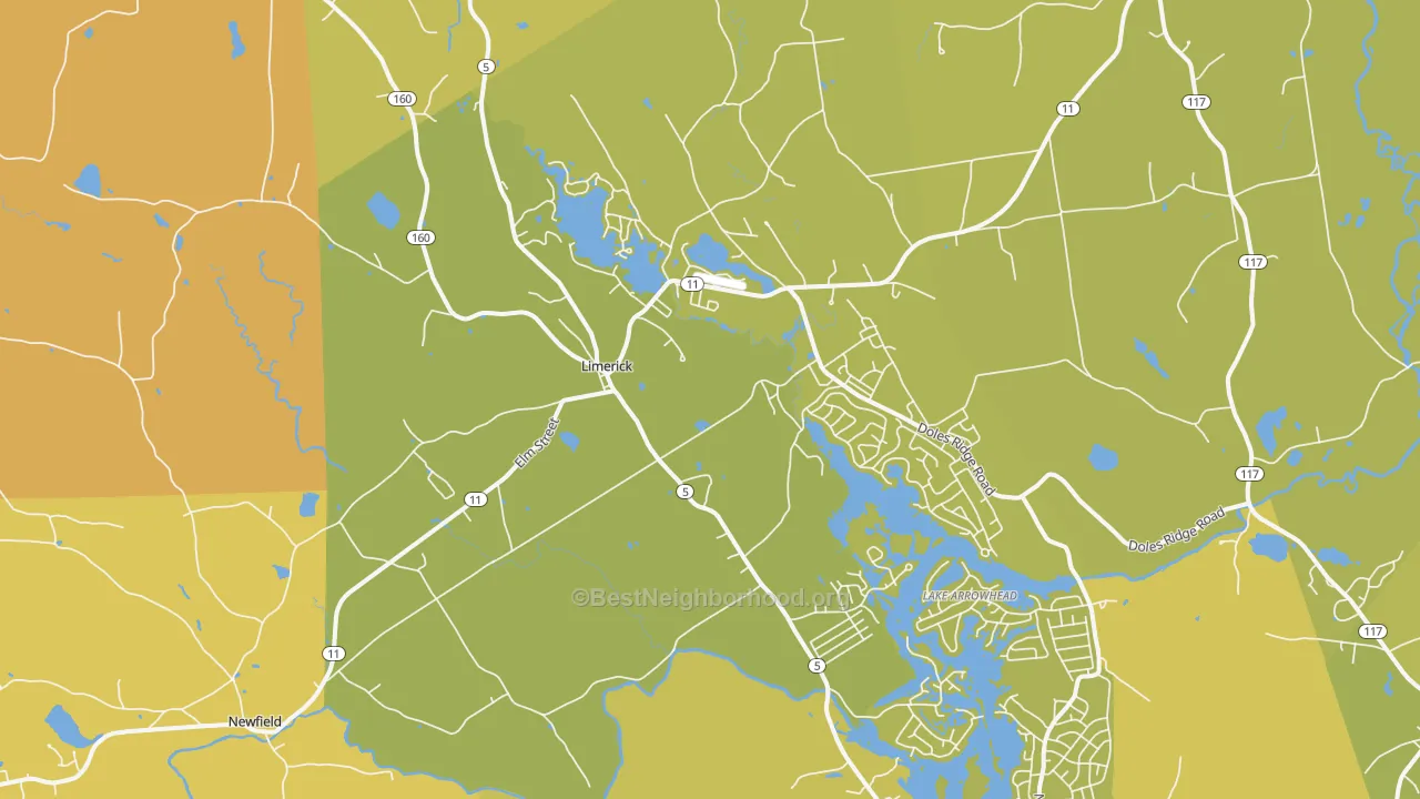 Map of the best neighborhoods in the Limerick area, with better matches in green and worse matches in red