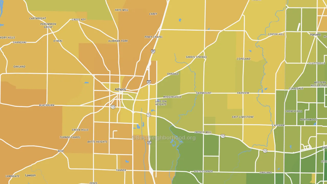 Map of the best neighborhoods in the Limestone County area, with better matches in green and worse matches in red