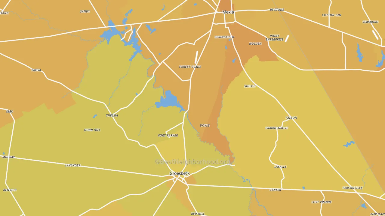 Map of the best neighborhoods in the Limestone County area, with better matches in green and worse matches in red