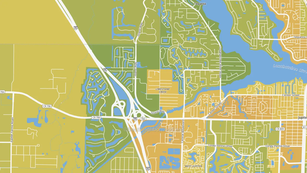 Map of the best neighborhoods in the Limestone Creek area, with better matches in green and worse matches in red