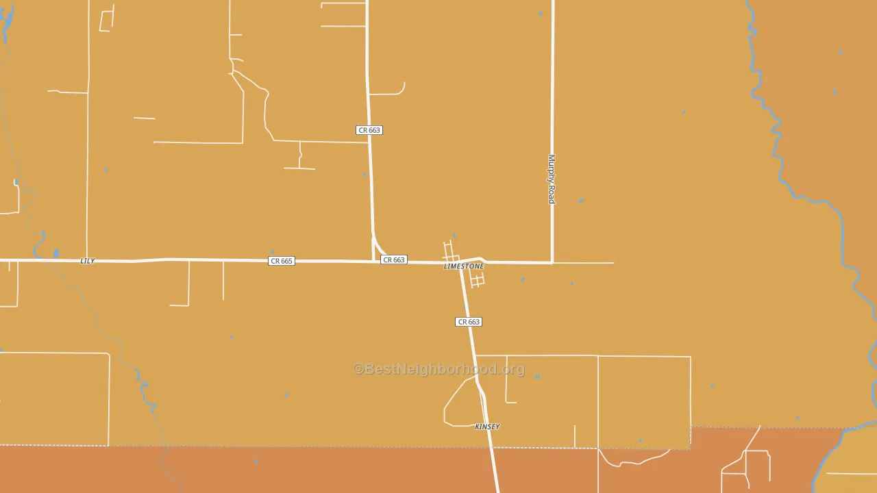 Map of the best neighborhoods in the Limestone area, with better matches in green and worse matches in red
