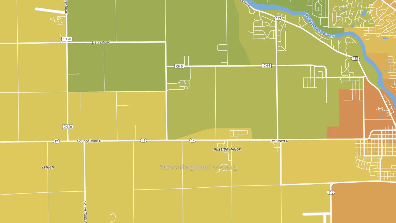 Map of the best neighborhoods in the Limestone area, with better matches in green and worse matches in red