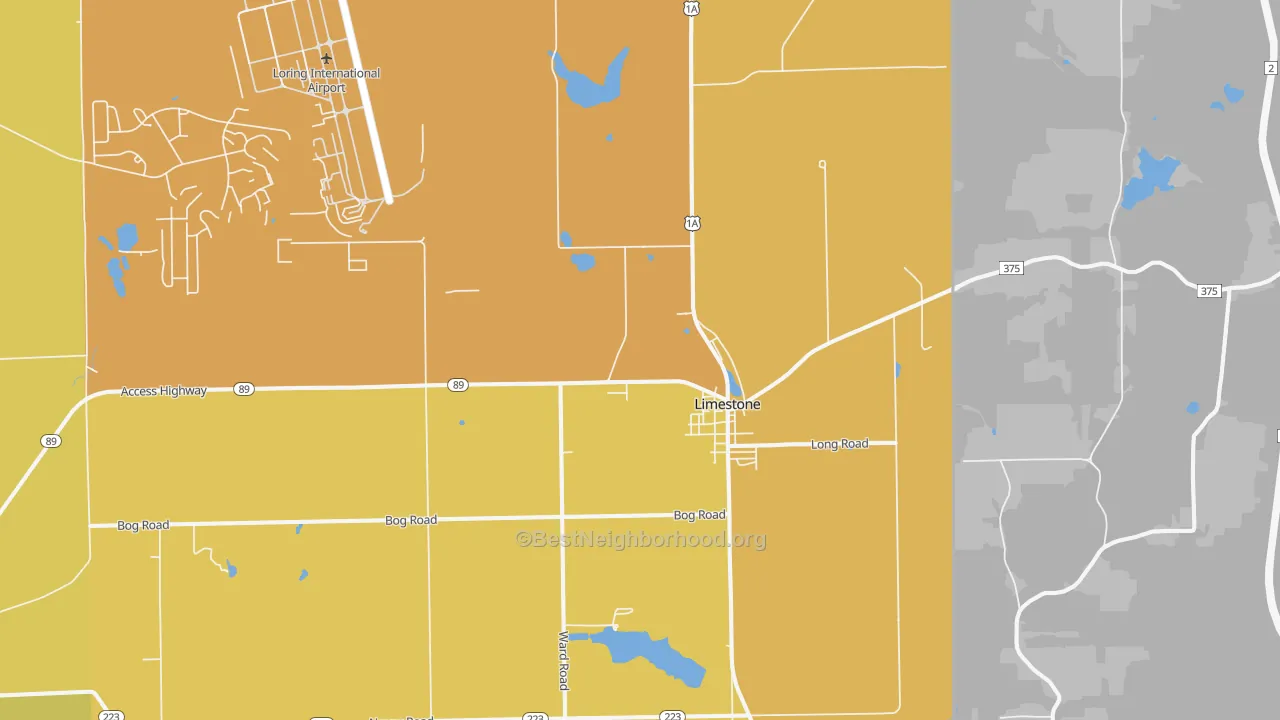 Map of the best neighborhoods in the Limestone area, with better matches in green and worse matches in red