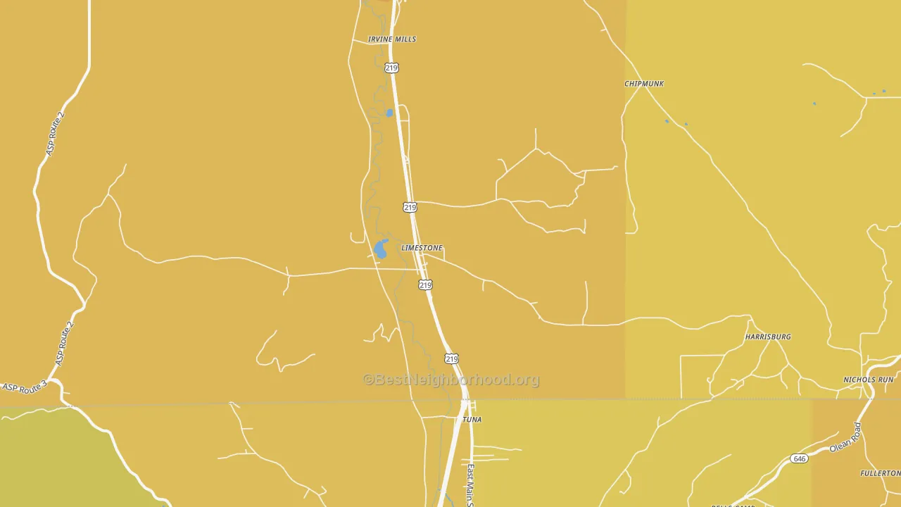 Map of the best neighborhoods in the Limestone area, with better matches in green and worse matches in red