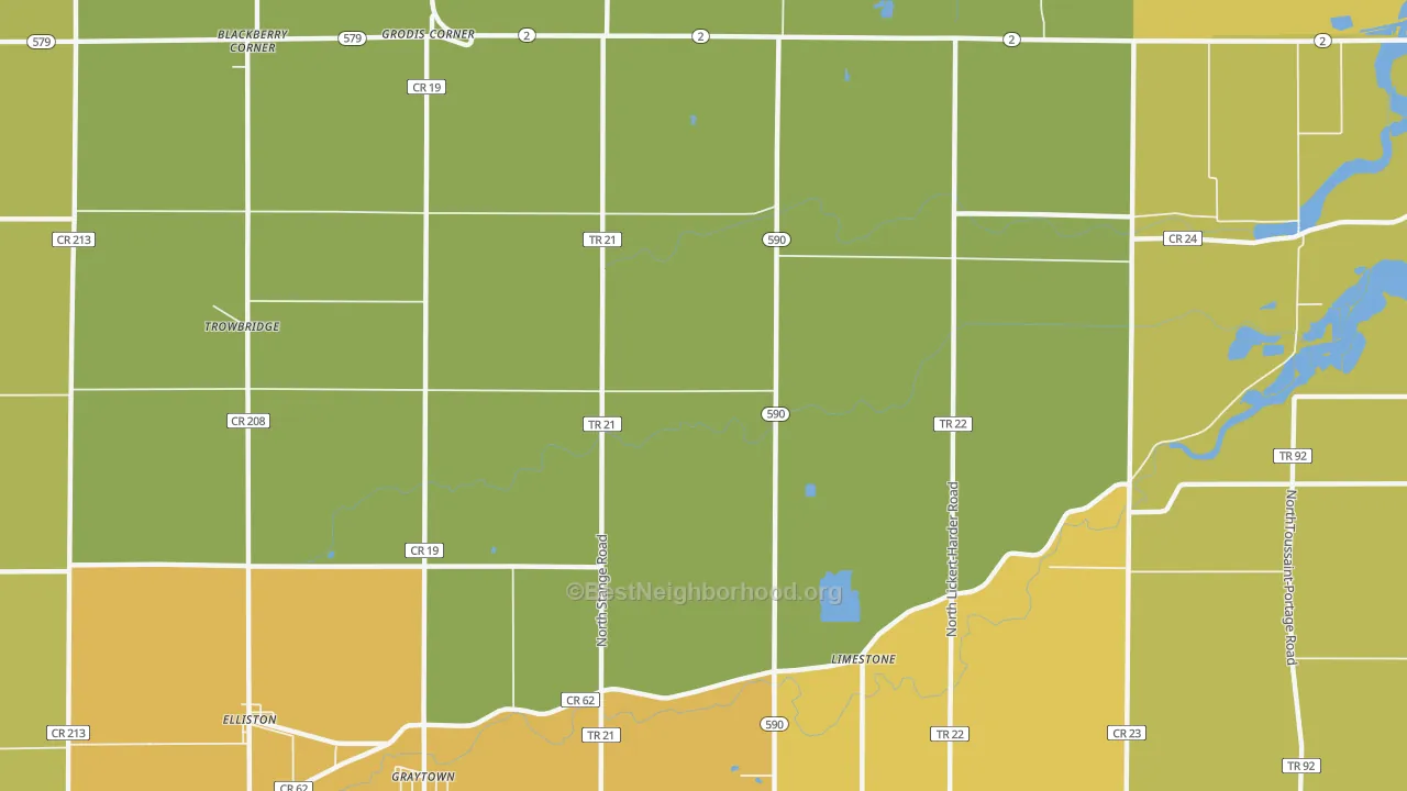 Map of the best neighborhoods in the Limestone area, with better matches in green and worse matches in red