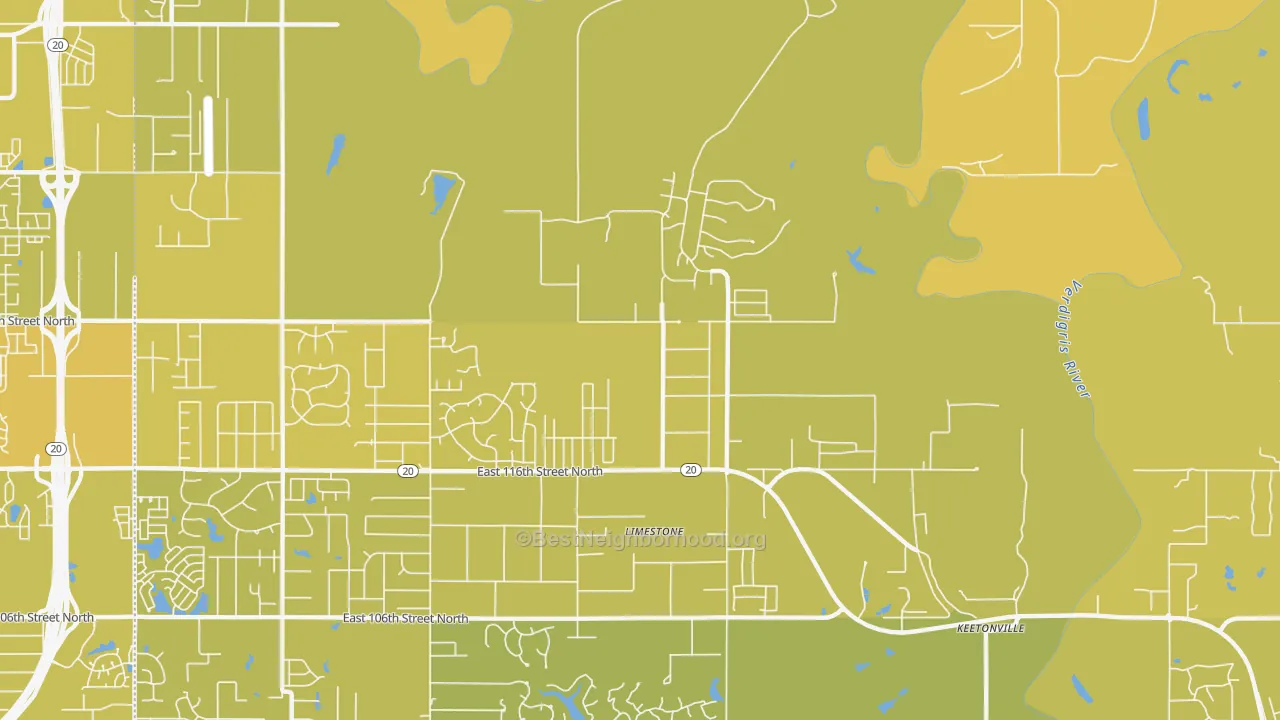 Map of the best neighborhoods in the Limestone area, with better matches in green and worse matches in red
