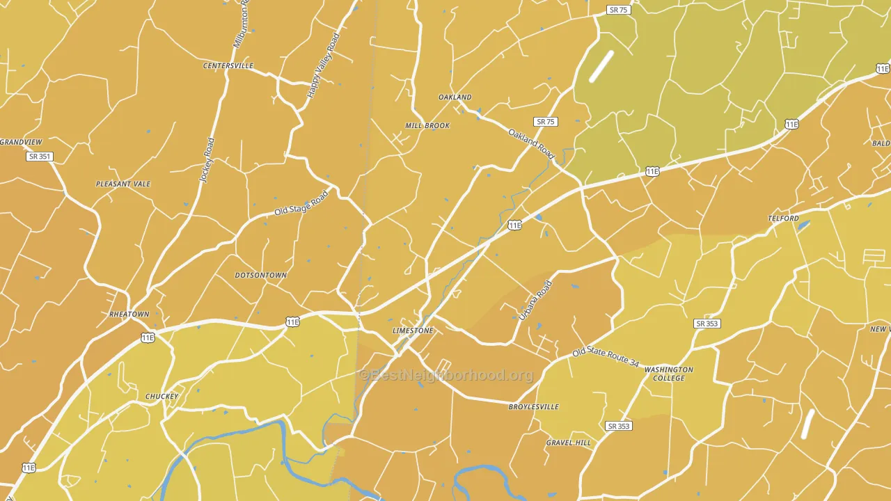 Map of the best neighborhoods in the Limestone area, with better matches in green and worse matches in red