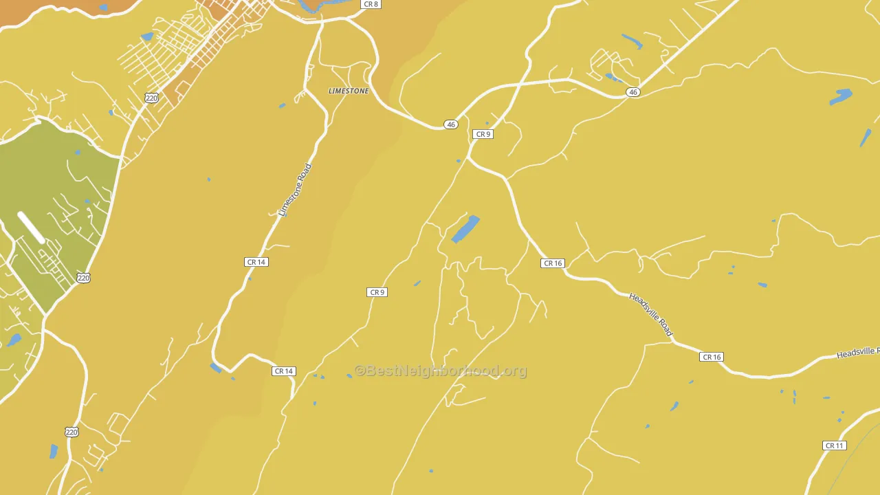 Map of the best neighborhoods in the Limestone area, with better matches in green and worse matches in red