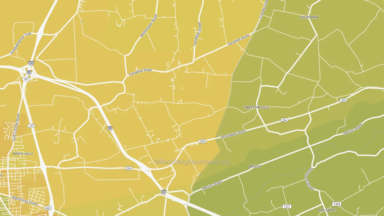 Map of the best neighborhoods in the Limestoneville area, with better matches in green and worse matches in red