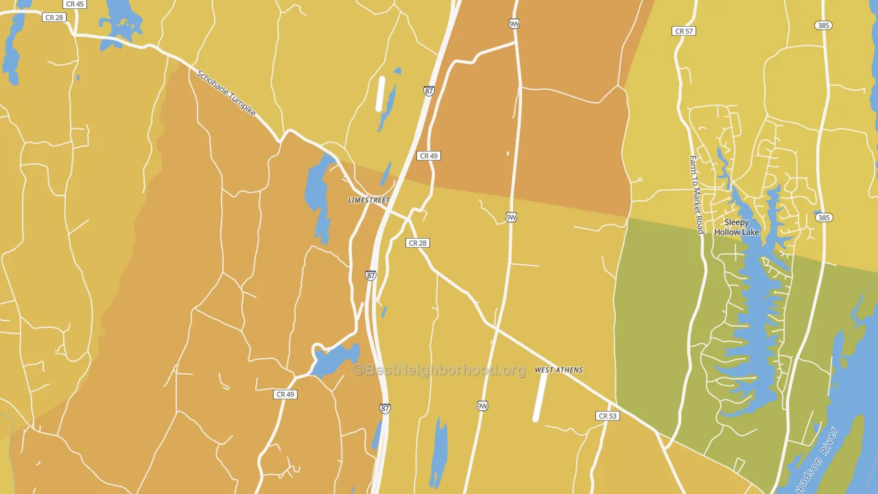 Map of the best neighborhoods in the Limestreet area, with better matches in green and worse matches in red
