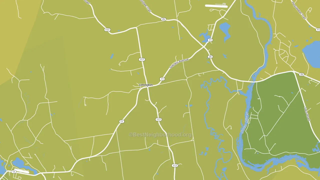 Map of the best neighborhoods in the Limington area, with better matches in green and worse matches in red
