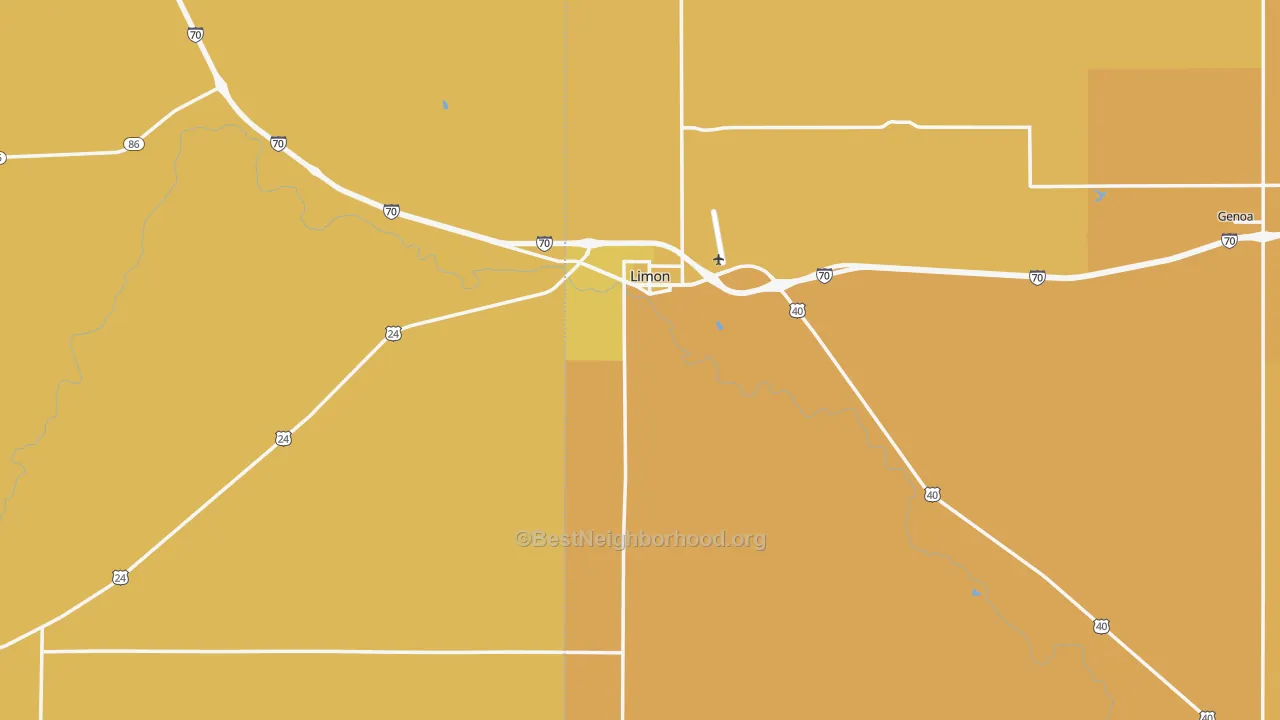 Map of the best neighborhoods in the Limon area, with better matches in green and worse matches in red