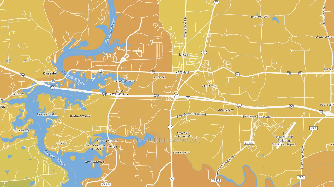 Map of the best neighborhoods in the Lincoln area, with better matches in green and worse matches in red