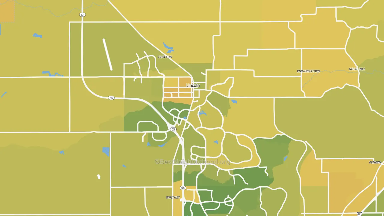 Map of the best neighborhoods in the Lincoln area, with better matches in green and worse matches in red