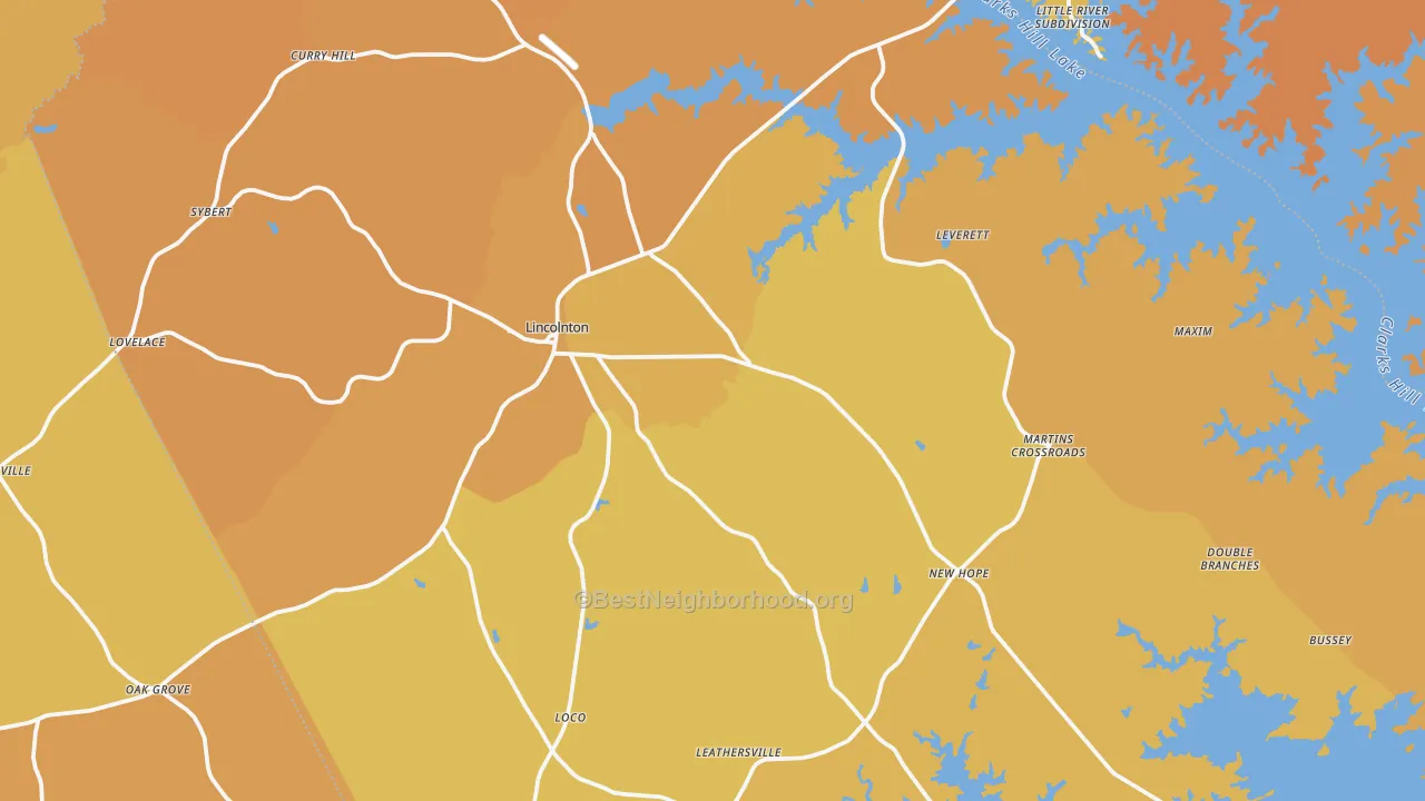 Map of the best neighborhoods in the Lincoln County area, with better matches in green and worse matches in red