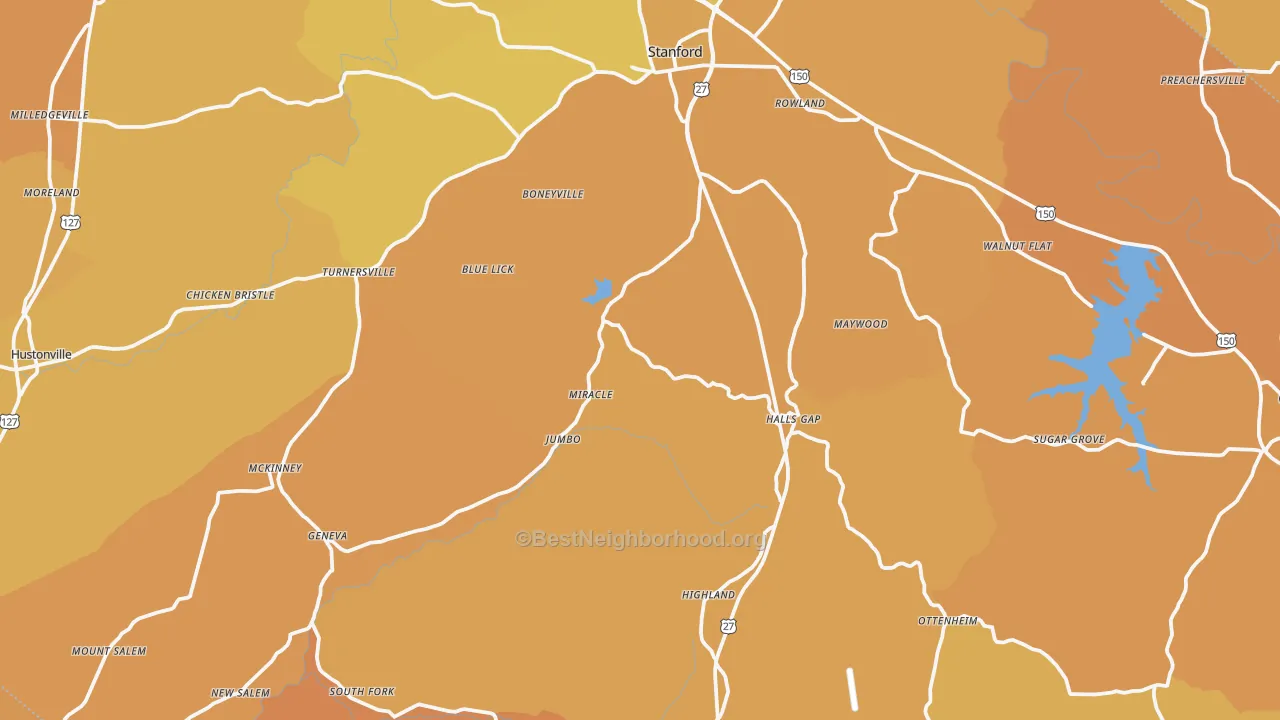 Map of the best neighborhoods in the Lincoln County area, with better matches in green and worse matches in red