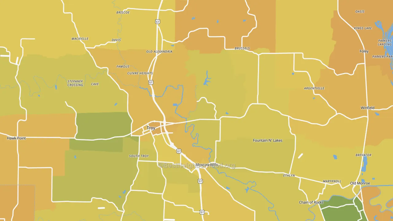 Map of the best neighborhoods in the Lincoln County area, with better matches in green and worse matches in red