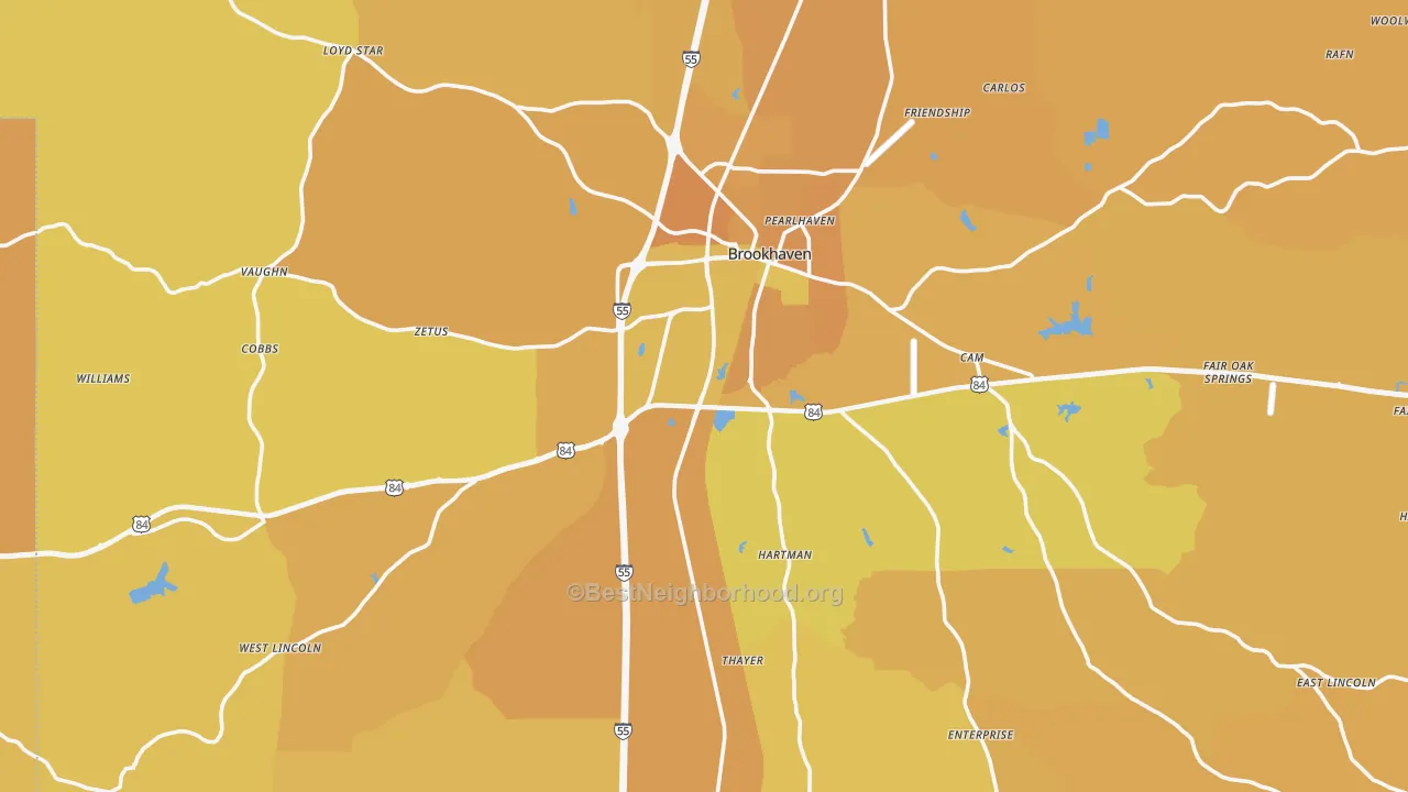 Map of the best neighborhoods in the Lincoln County area, with better matches in green and worse matches in red