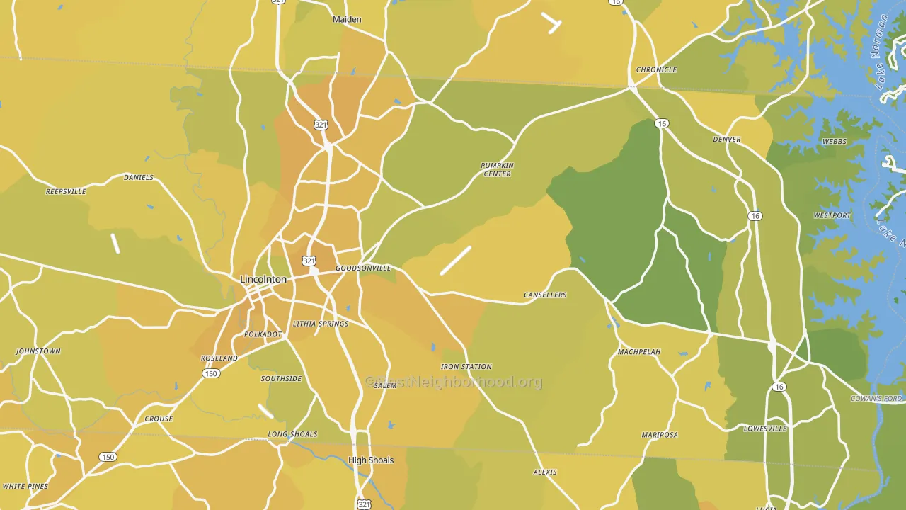 Map of the best neighborhoods in the Lincoln County area, with better matches in green and worse matches in red