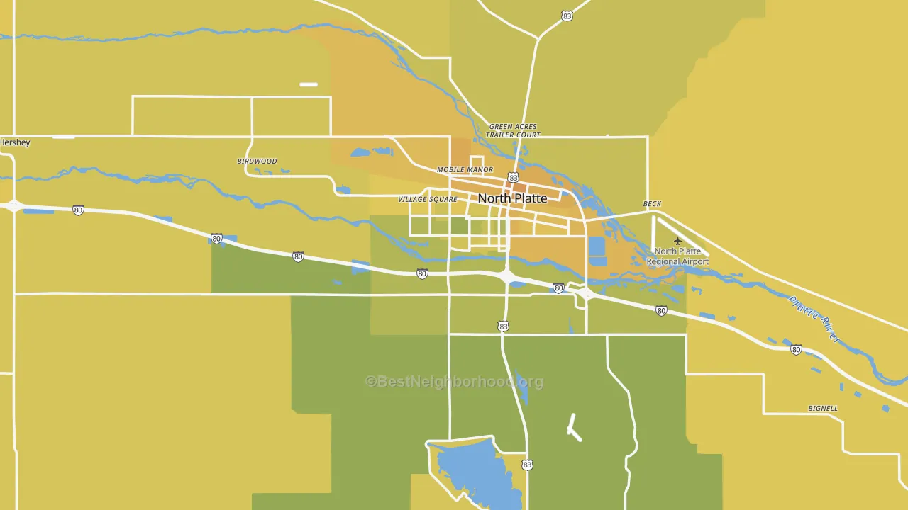 Map of the best neighborhoods in the Lincoln County area, with better matches in green and worse matches in red